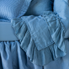 Linen Whisper Baby Blanket | Tahoe Blue | a close up of the lightweight linen gauze trimmed baby blanket on an all-blue crib.