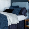 Paloma Duvet Cover | a light blue charmeuse duvet cover on a bed dressed in dark blues with light blue sheets.