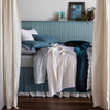 Georgia Twin Bedspread | side view of a bed dressed with lace pillowcases, flat sheet, bed skirt and bed scarf layered with cotton sateen sheets, chenille and cotton jacquard bedspread and shams and silk velvet accent pillow and bed end blanket — shown from the side with curtain panels framing the bed that's against a light blue paneled wall.