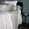 Georgia Twin Bedspread | two donella lace trimmed flat sheets from our Madera Luxe collection are shown in cloud and eucalyptus dressed with winter white fitted sheet, bedspread, shams and bed skirt. Lace trimmed pillowcases and a lace bolster are also shown at the head of the bed.