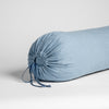 Linen Throw Pillow | Tahoe Blue | Close-up of Linen bolster end detail in Tahoe Blue, angled to show gathering and satin ties.