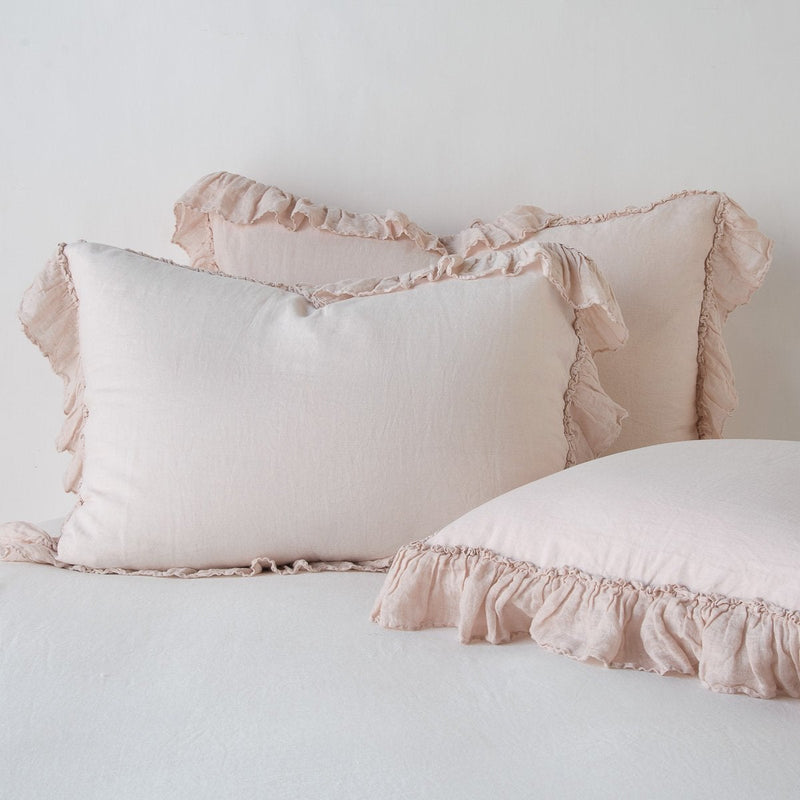 Pastel Pink Linen Pillow Cover with Small Ruffles